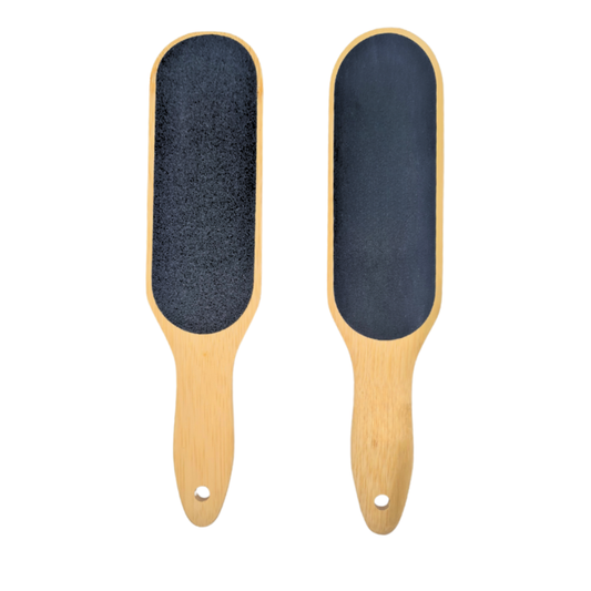 P005 Dual Sided Curved Foot File | Two wooden foot files with dark grey scrubbing grit pads, shown side by side on a plain white background.