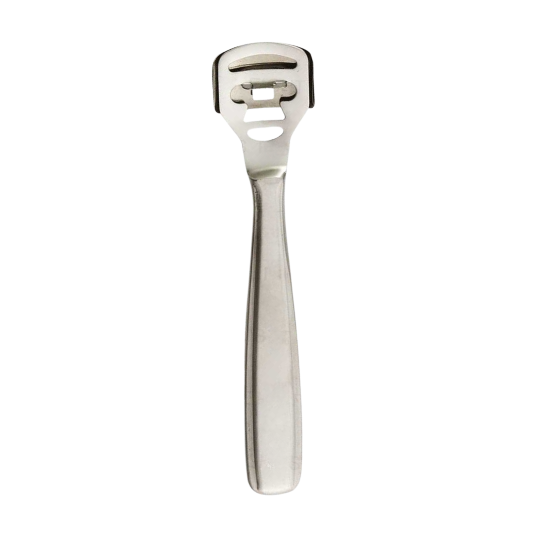 A stainless-steel callus plane or corn cutter with a long handle and a sharp, single-blade head, shown vertically on a plain white background.