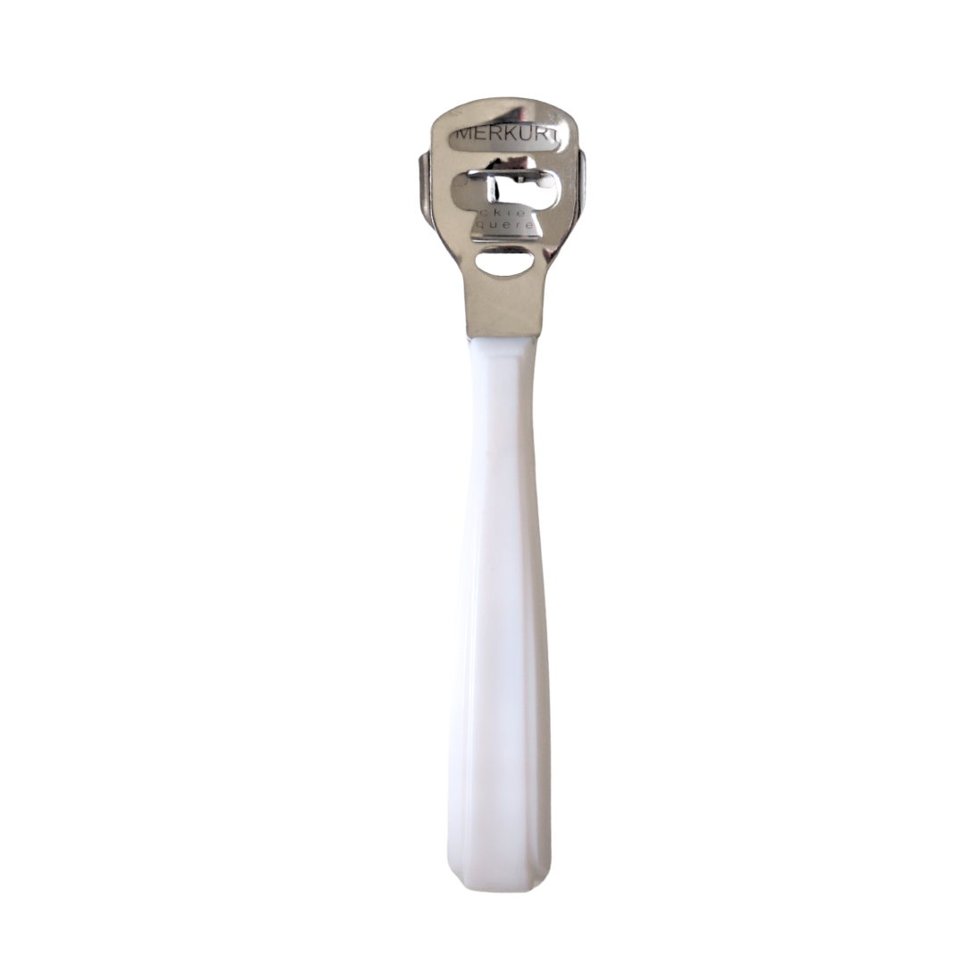 A steel callus plane or corn cutter with a polished silver metal head and a white plastic handle, shown vertically against a plain white background.