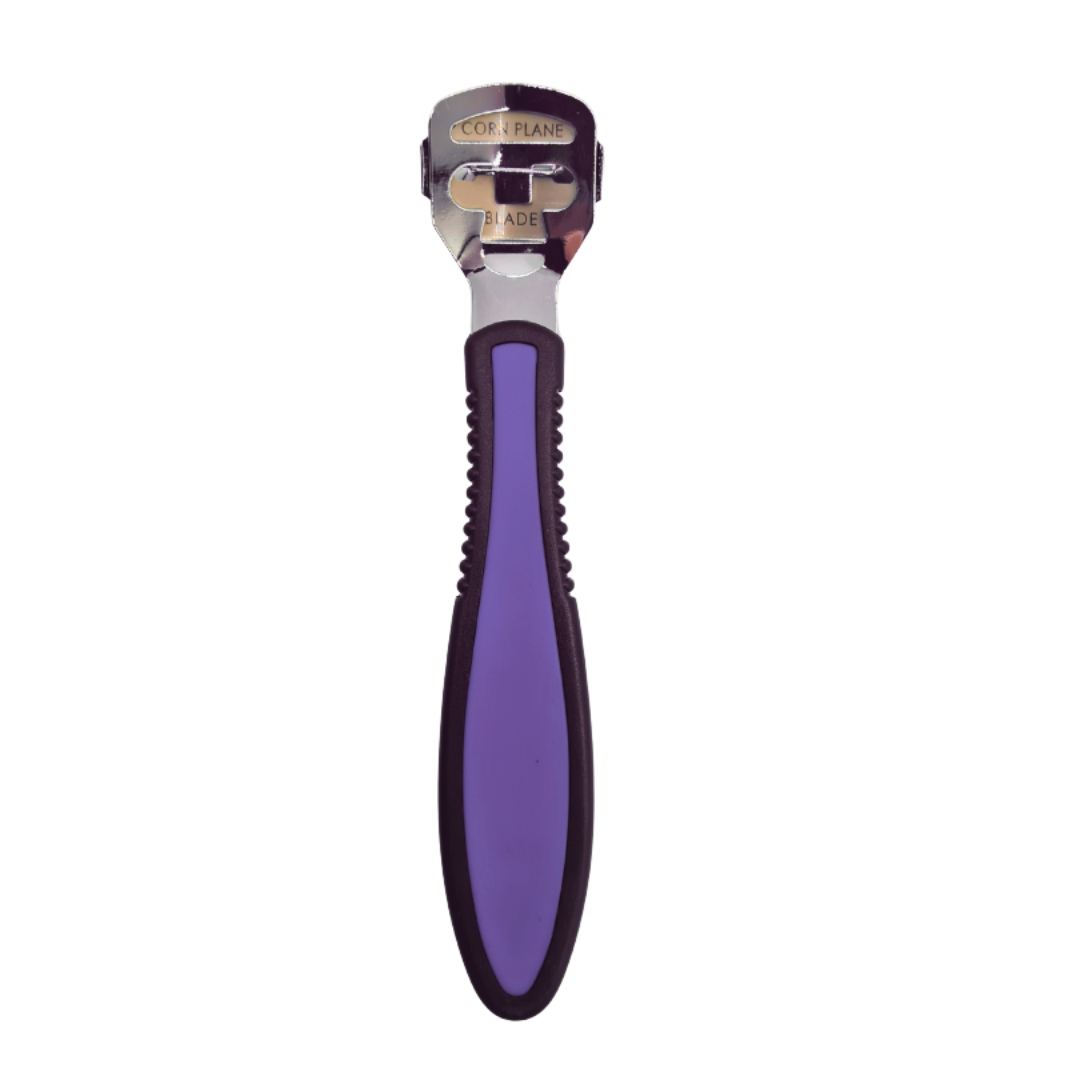 A steel callus plane or corn cutter with a purple and black handle and a silver metal head, shown against a plain white background.