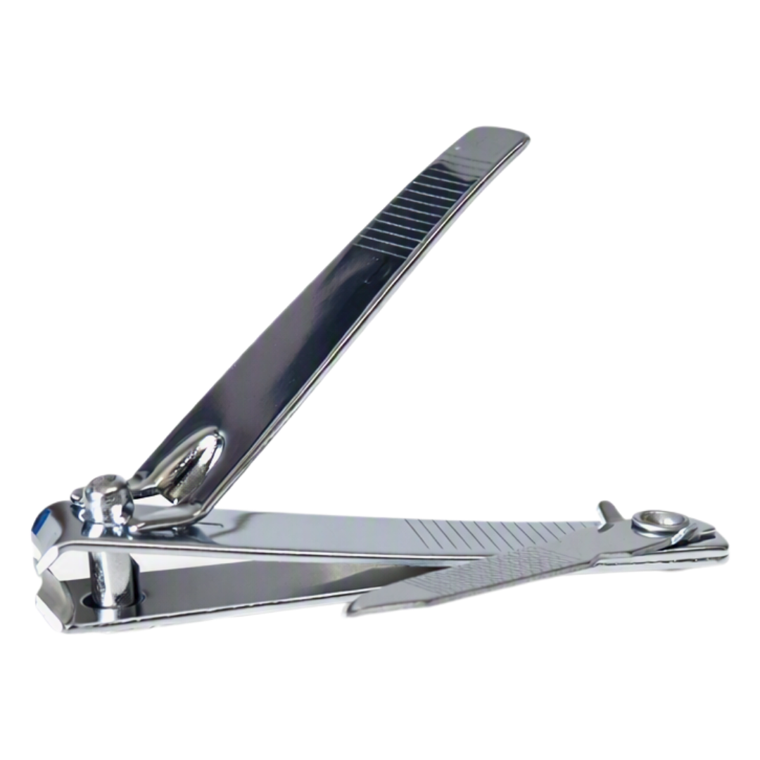 A pair of polished stainless steel nail clippers shown open on a plain white background.