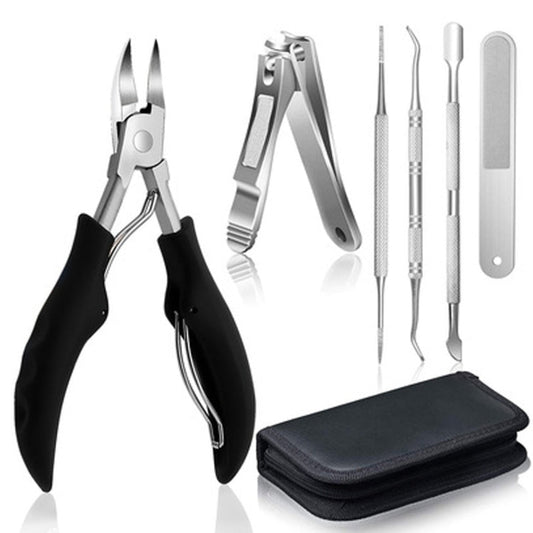 P010B 7-piece Professional Pedicure Toenail Tool Set | A toenail care kit including a nail clipper, cuticle pusher, nailfile, ingrown toenail tool, and a black storage case.