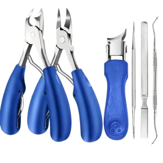 P010B Ingrown Toenail 5 Piece Set | Set of nail clippers and tools with blue handles on a white background