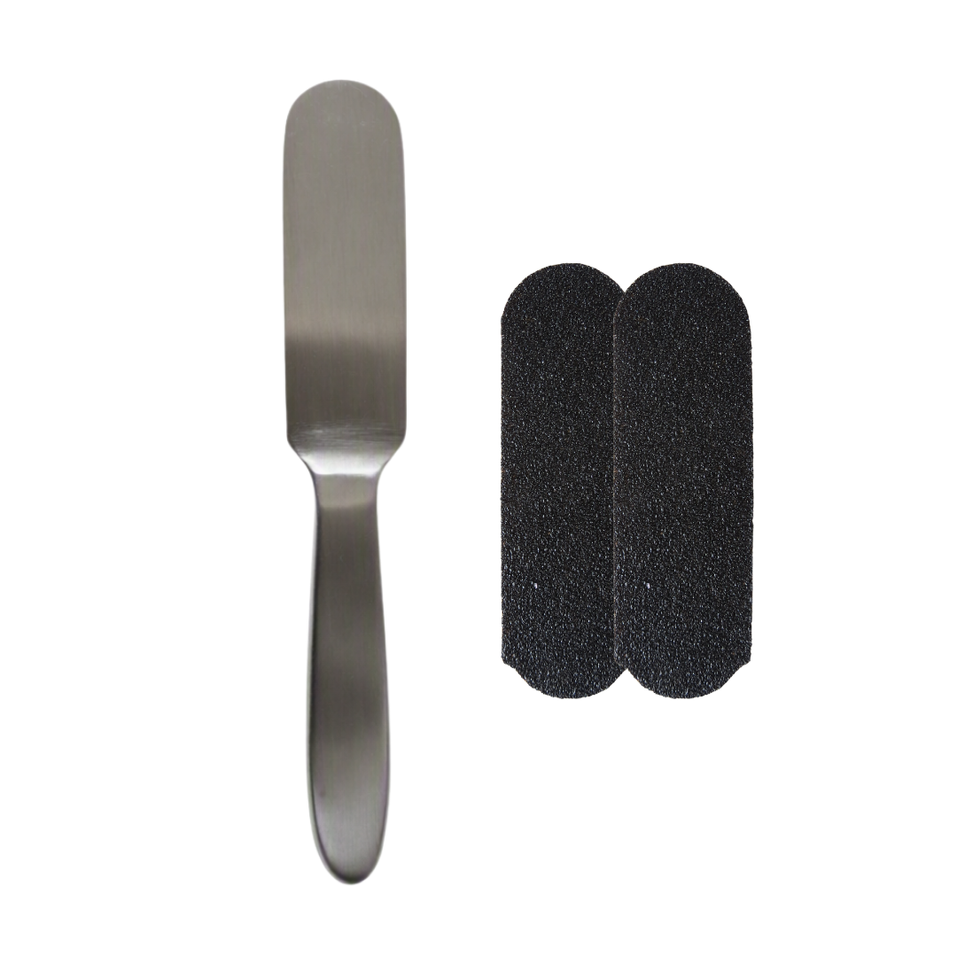 A stainless steel foot file with a long handle shown next to two black textured rectangular grit pads on a plain white background.