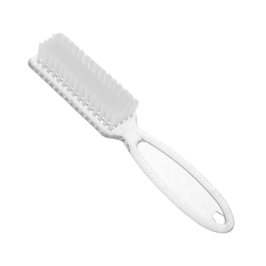 P016 Clear Cuticle Nail Brush with Handle | A white plastic nail brush with white bristles, for cleaning cuticles, nails and remove filing dust from nails, shown diagonally on a plain white background.