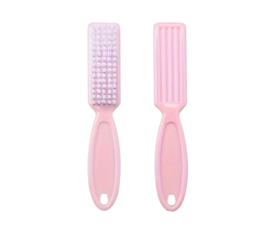 Two pink dusting nail brushes with light pink bristles, shown side by side on a plain white background.