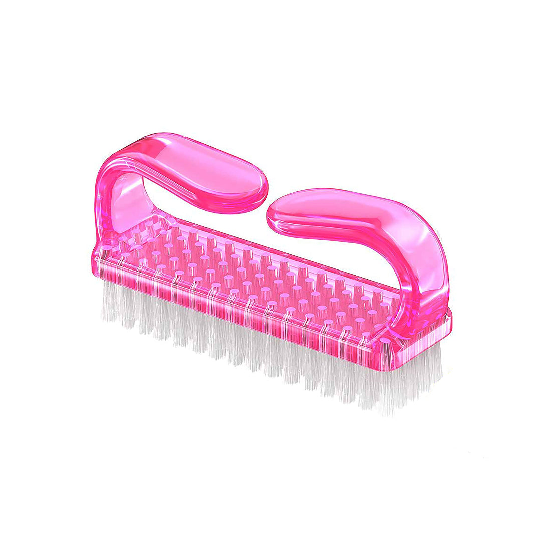 Nail brush with pink handle and clear bristles on a white background