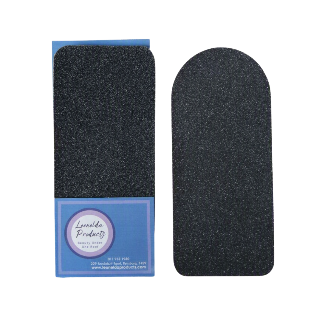 Two black textured abrasive disposable 120 grit pads shown on a white background, with one pad partially inserted into its blue paper sleeve packaging. The sleeve features a circular logo for 'Leonelda Products'.