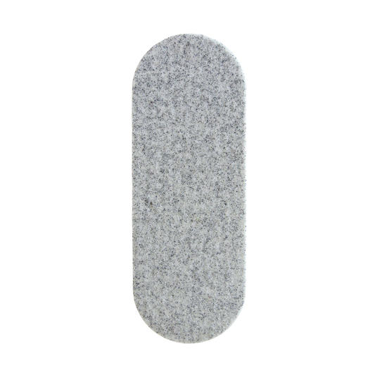 A gray disposable grit pad with rounded corners for oval foot file, shown vertically against a plain white background.