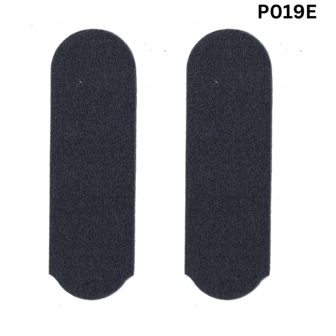 P019E - Replaceable Foot file grit pads 120 Grit 2 pack | Two black rectangular foot file grit pads on a white background with 'P019E' text