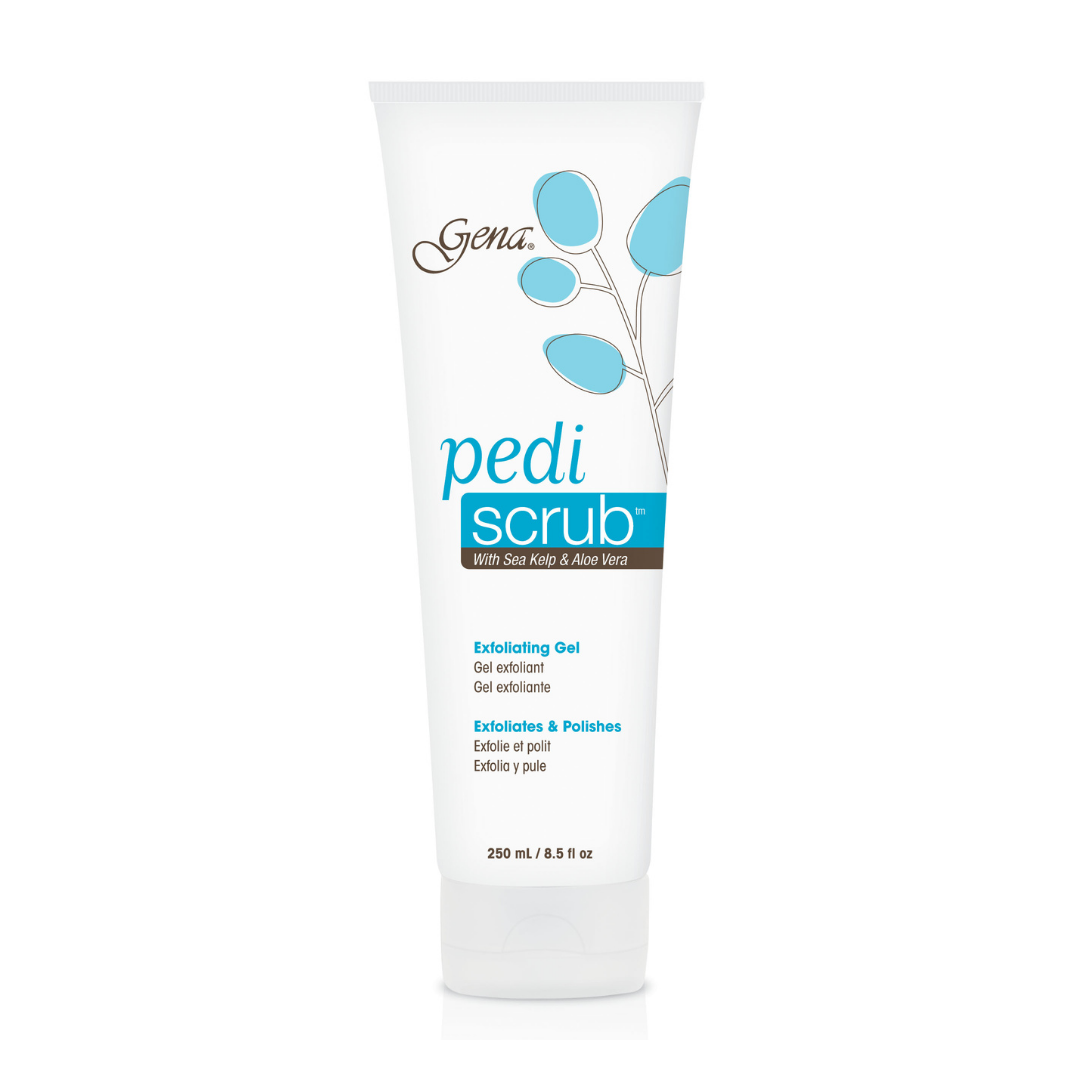 P02102N Gena Pedi Scrub Exfoliating Foot Gel 250ml | A 250 mL white squeeze tube of Gena Pedi Scrub Exfoliating Gel, featuring blue and brown branding text and graphics, set against a plain white background.