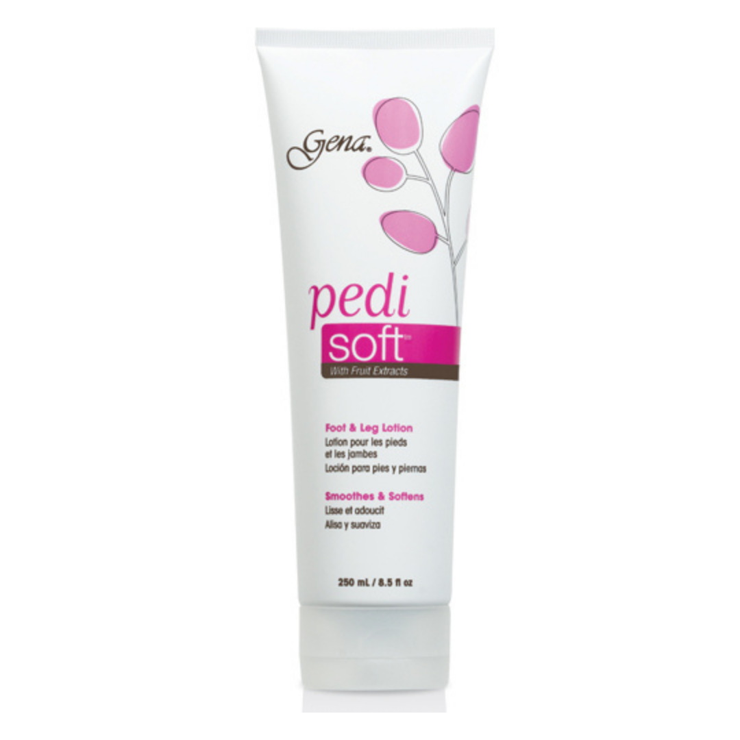 A white squeeze tube of Gena Pedi Soft foot and leg lotion with pink and brown accents, shown on a white background with a soft reflection below.