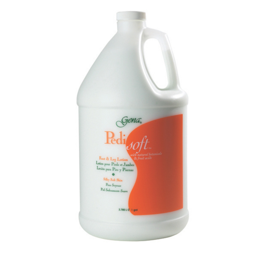 A one-gallon white plastic bottle of Gena Pedi Soft foot and leg lotion with an orange and white label, shown on a plain white background.