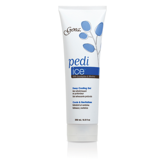 P02136 Gena Pedi Ice Leg Feet Cooling Gel | A white squeeze tube of Gena Pedi Ice Deep Cooling Gel with blue and brown accents, centered on a white background with a soft reflection.