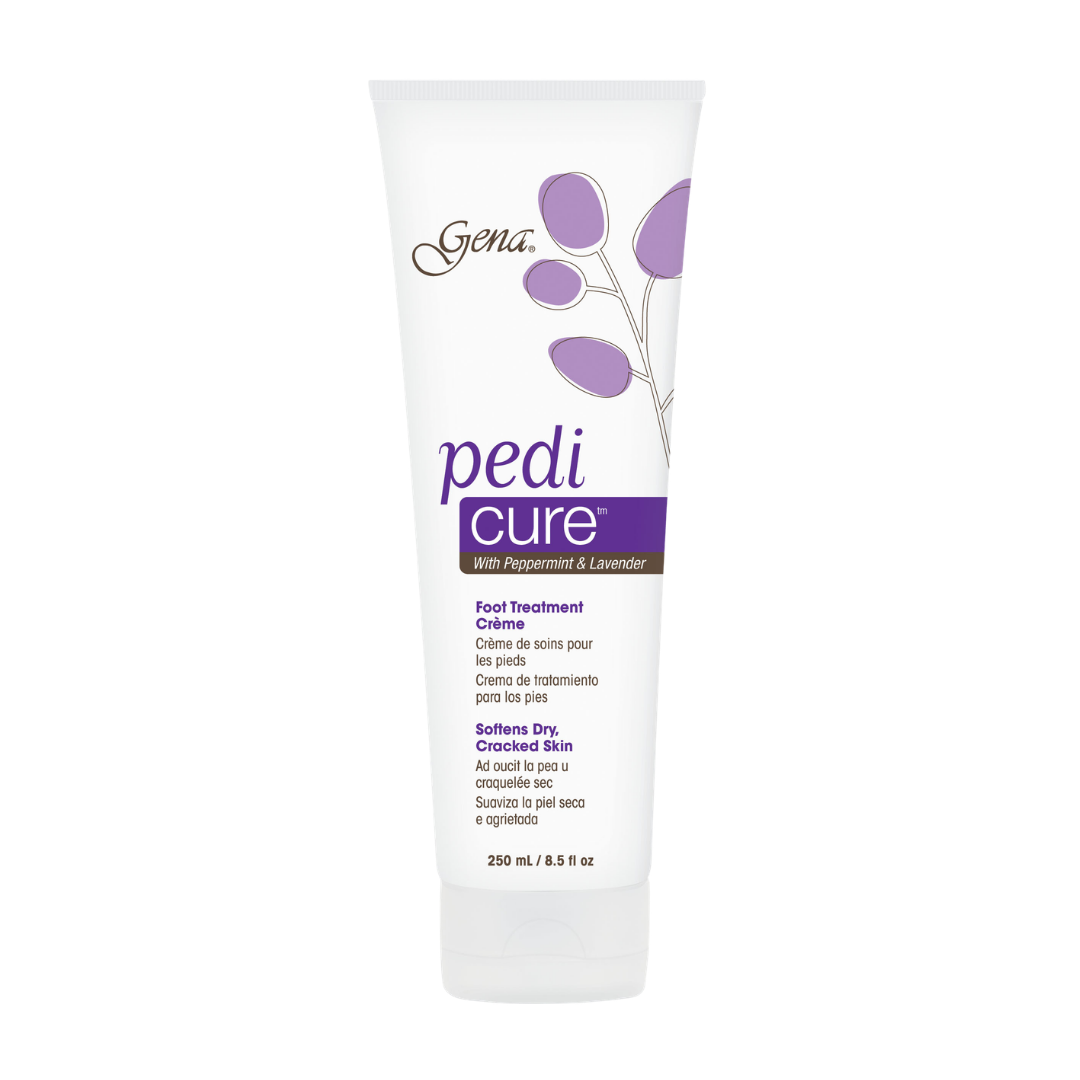 A white squeeze tube of Gena Pedi Cure foot treatment cream with purple and brown text and graphics, shown on a plain white background.