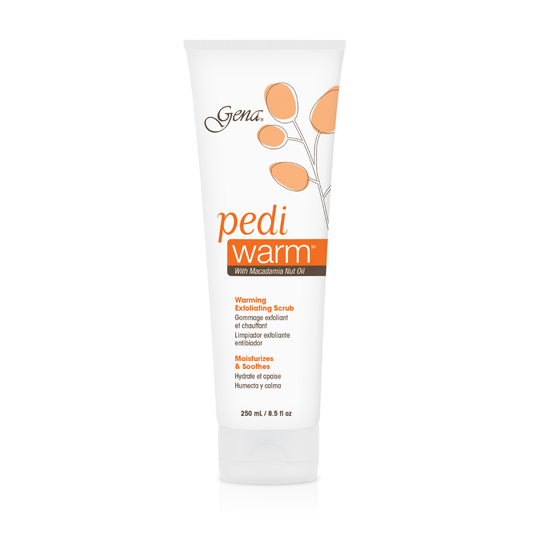 P02151 Gena Pedi Warm Warming Feet Exfoliating Scrub 236ml | A 236ml white squeeze tube of Gena Pedi Warm Warming Exfoliating Scrub with Macadamia Nut Oil, featuring orange and brown branding on a white background.