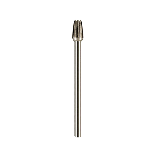 A single metallic rotary burr bit with a fluted cutting head and a long straight shank, shown vertically against a plain white background.