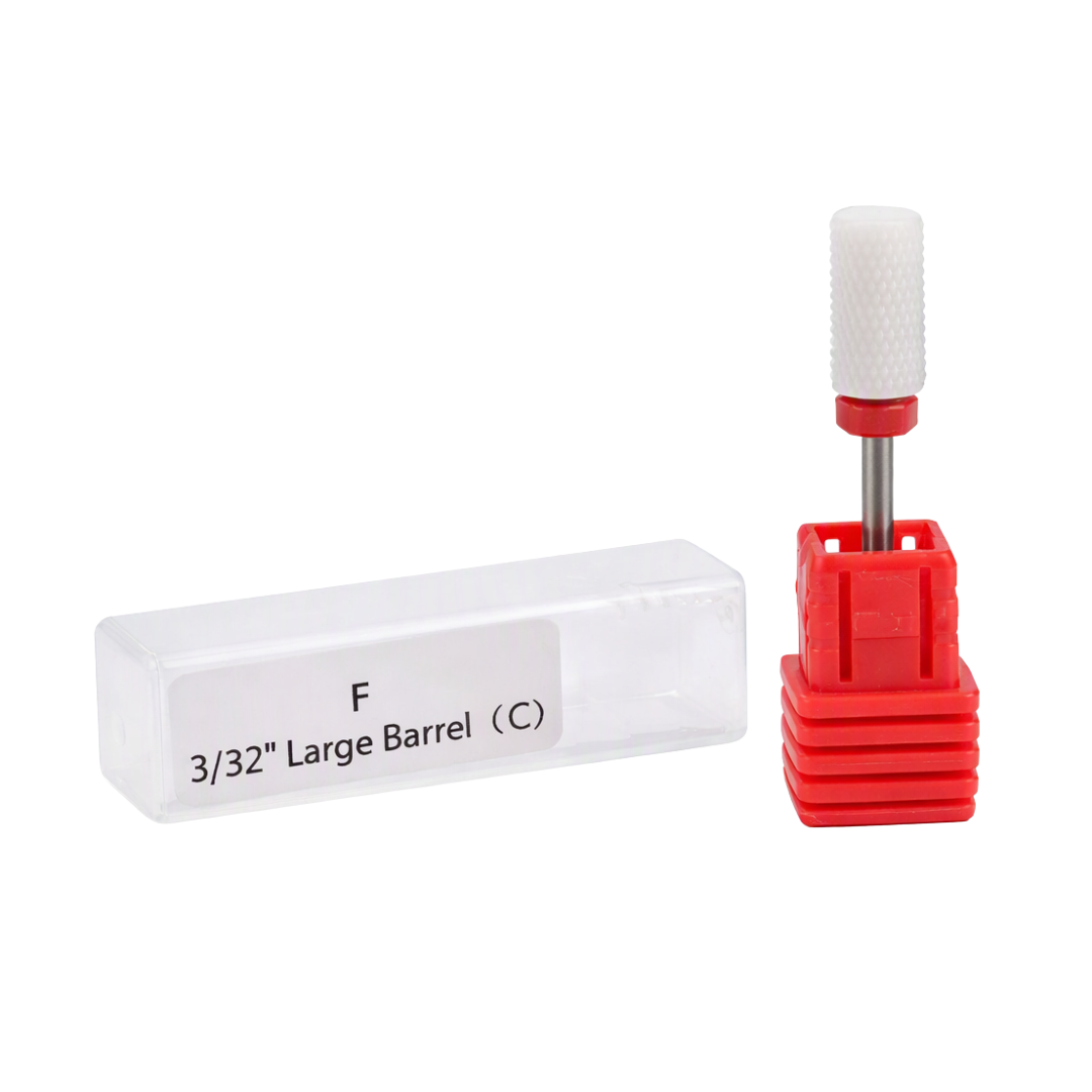 A red and silver rotary burr with a white textured barrel tip, shown next to its clear plastic packaging box labeled 'F 3/32" Large Barrel (C)'.