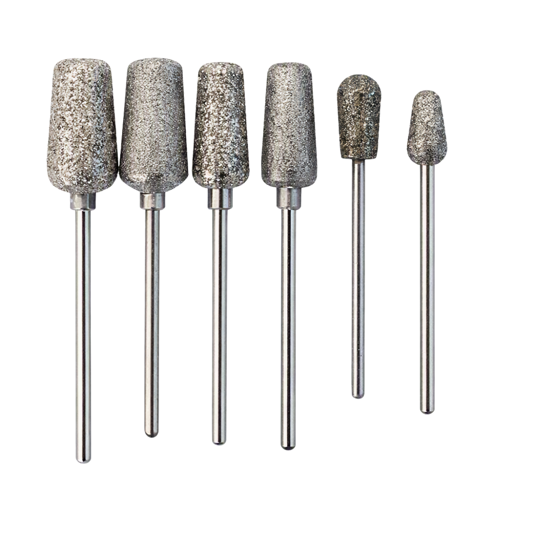 6 most-used round metal pedicure e-file attachments on white backgroud