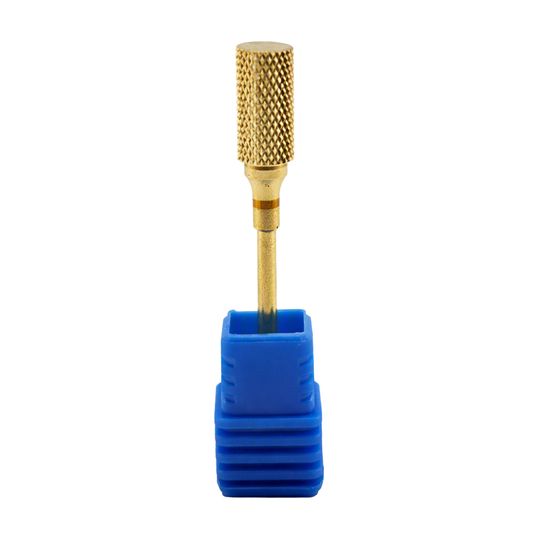 A brass rotary burr with a knurled textured head and a straight shank, resting inside a blue plastic holder on a white background.