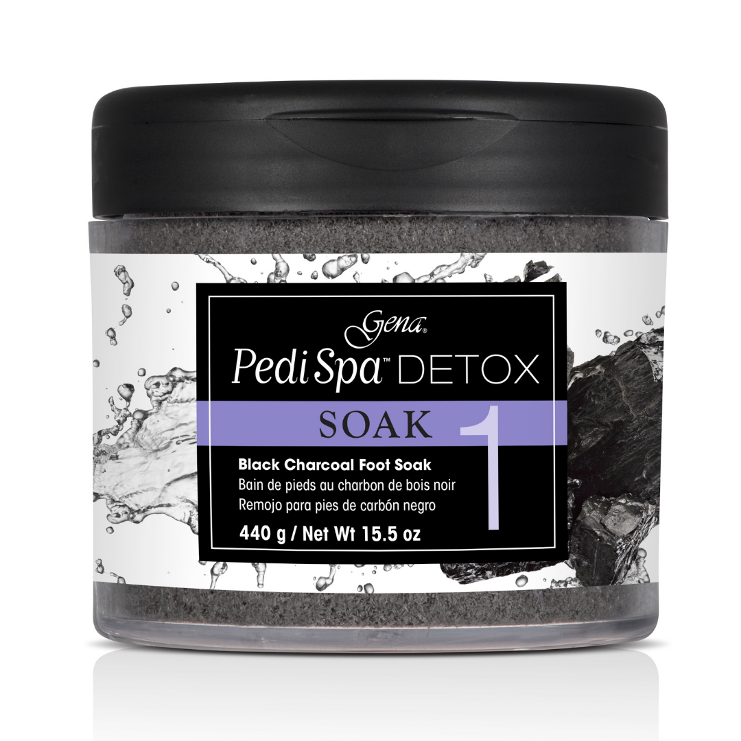 P04064 Gena Pedi Spa Detox Foot Soak Powder 440g | A jar of Gena Pedi Spa Detox Soak foot powder, featuring a black lid, clear container showing dark charcoal powder inside, and a white and purple label.