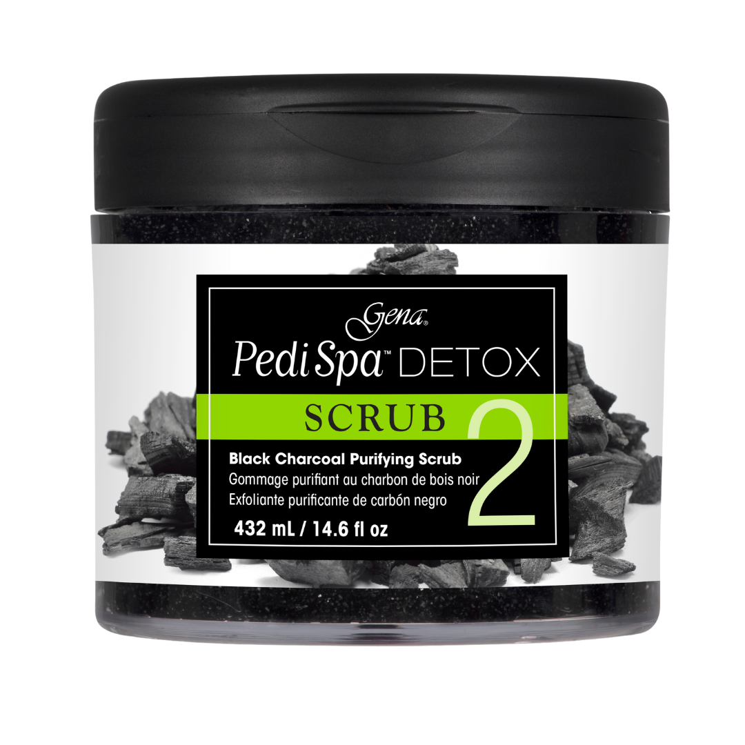 A jar of Gena Pedi Spa Detox Scrub 2, featuring black charcoal powder inside a clear jar with a black lid and a white label with a black and green logo.