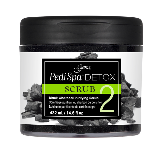 A jar of Gena Pedi Spa Detox Scrub 2, featuring black charcoal powder inside a clear jar with a black lid and a white label with a black and green logo.