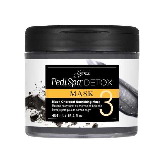 A jar of Gena Pedi Spa Detox Mask on a plain white background. The product is a black charcoal nourishing mask in a clear plastic jar with a black lid and a white label featuring black and yellow text.