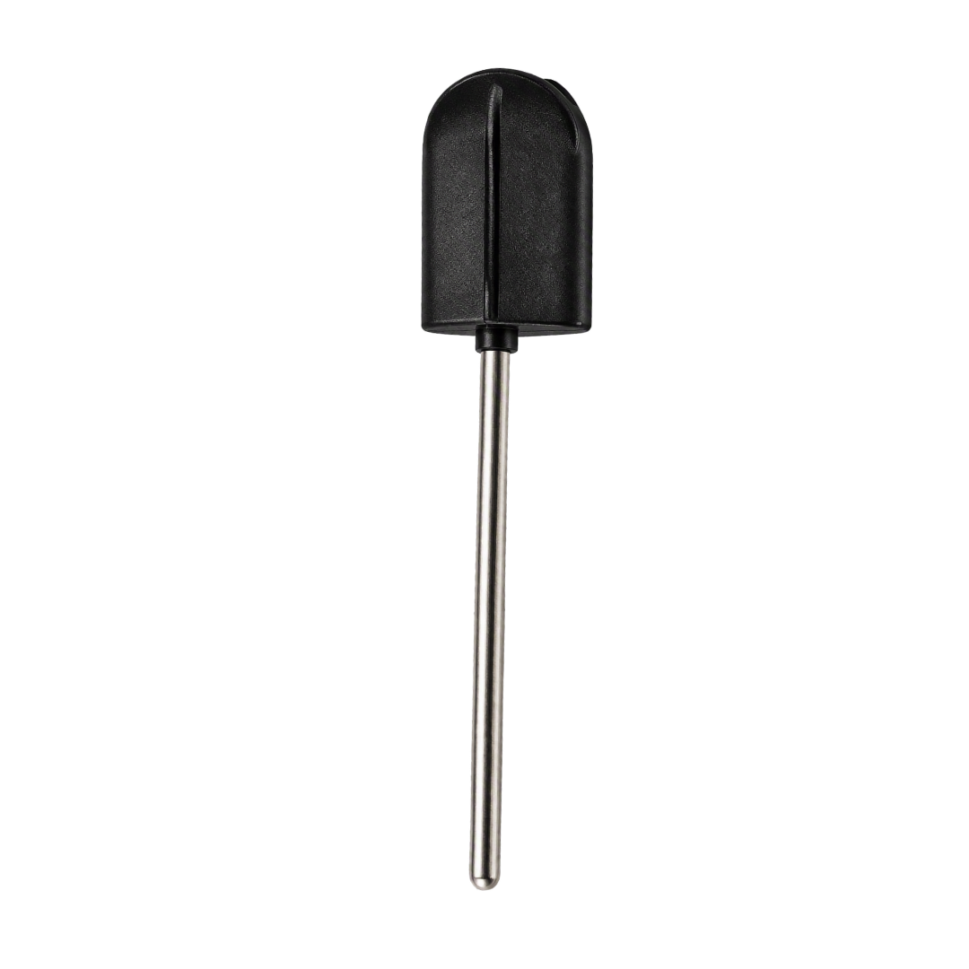 A black plastic cone head for pedicure grits with a stainless steel "stick", shown vertically on a plain white background.
