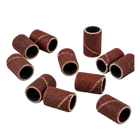 Ten brown abrasive sanding belts with white edge markings, arranged in a loose circle on a solid white background.