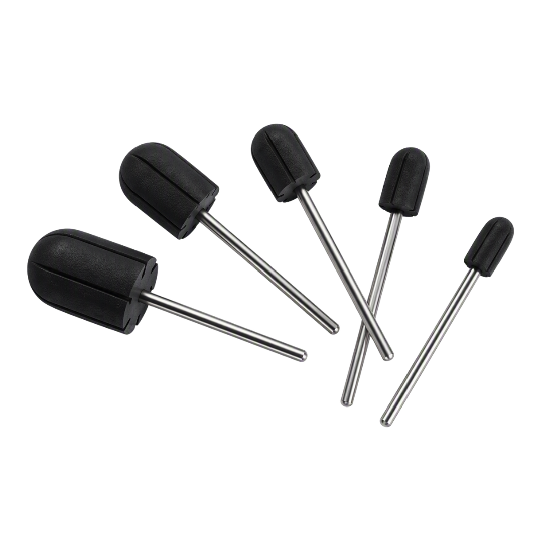 Five black rubber replacement rubber efile bits with long silver metal stems, arranged on a plain white background.