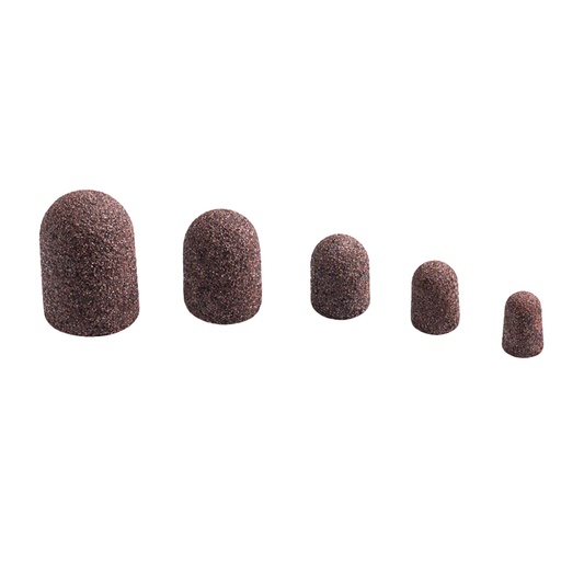 Five conical abrasive sanding tips in graduated sizes, arranged in a row on a plain white background.