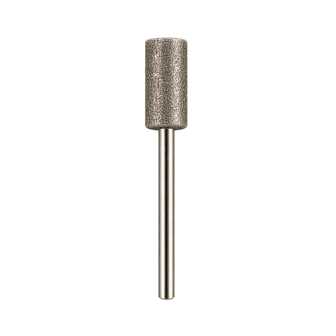 A cylindrical metal rotary burr bit with a textured diamond-coated head and a polished steel shank, shown vertically against a plain white background.