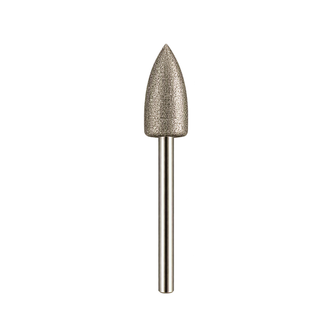 A metallic diamond nail drill bit with a textured, pointed cutting head and a straight shank, shown vertically against a plain white background.