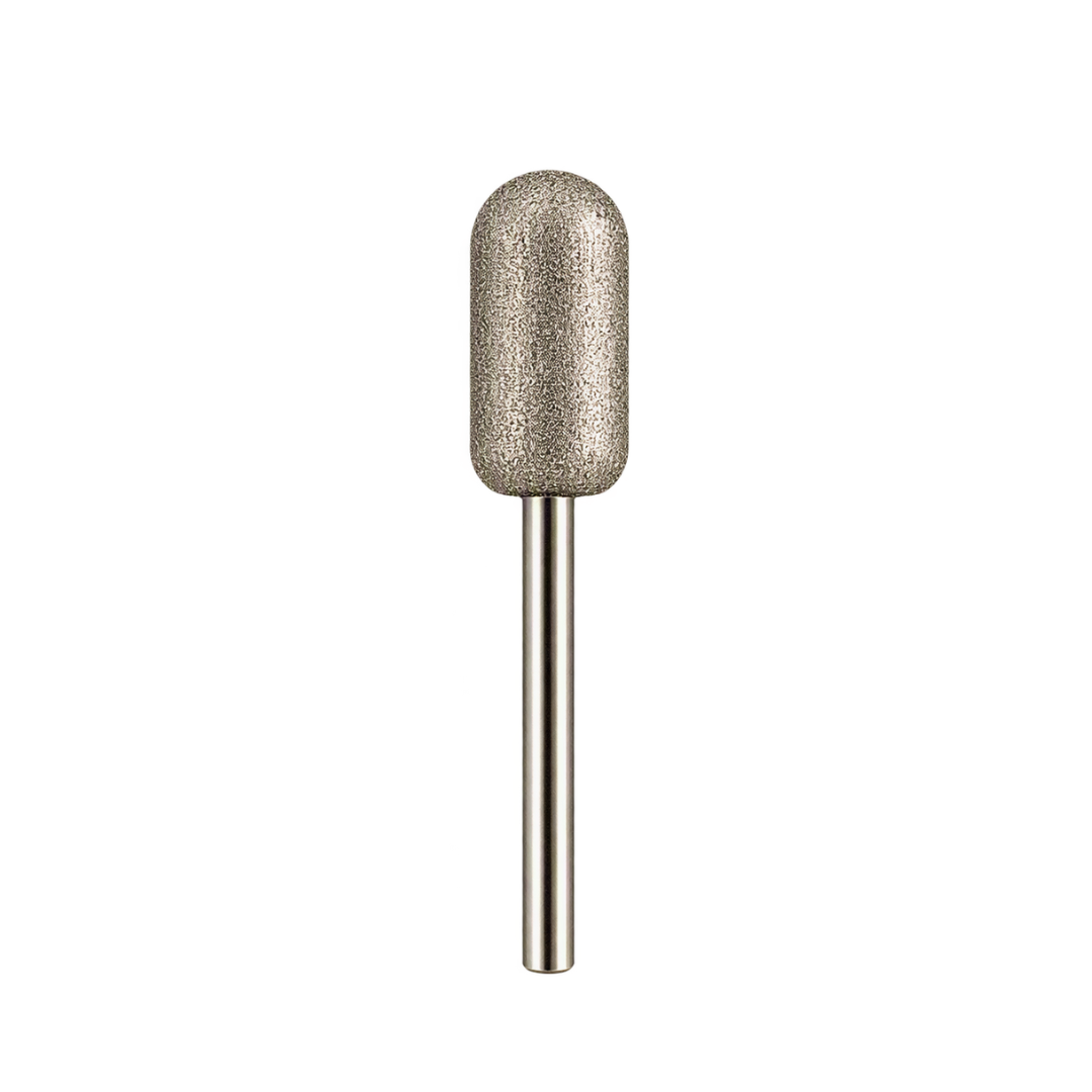 A diamond nail drill bit with a textured, rounded conical head and a straight metal shank, shown vertically against a plain white background.