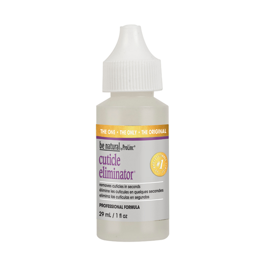 A small white plastic bottle of be natural Prolinc cuticle eliminator professional formula, 29 mL / 1 Fl oz, with a white dropper cap and a white label featuring purple and gold text.
