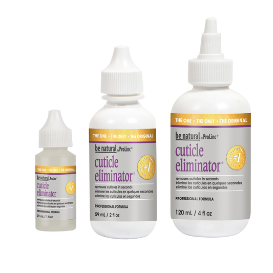 Three white plastic dropper bottles of be natural, ProLinc cuticle eliminator in different sizes on a plain white background.