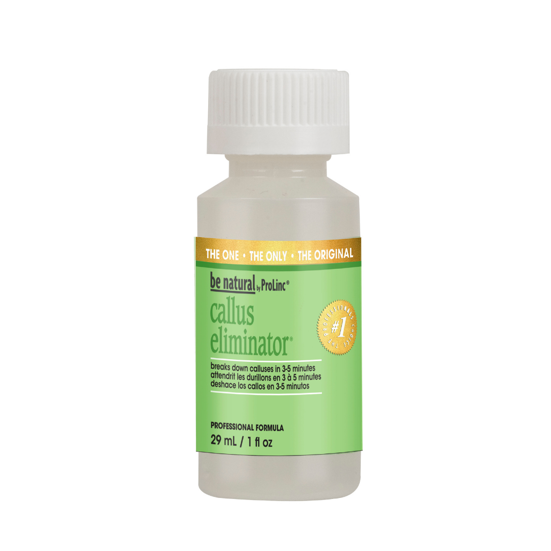 A 29 mL bottle of Be Natural Prolinc Callus Eliminator professional formula, featuring a white ribbed cap and a light green label with gold accents, set against a plain white background.