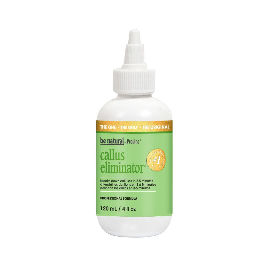 A white plastic bottle of be natural ProLinc Callus Eliminator professional formula, featuring a light green label with white and gold text, on a solid white background.