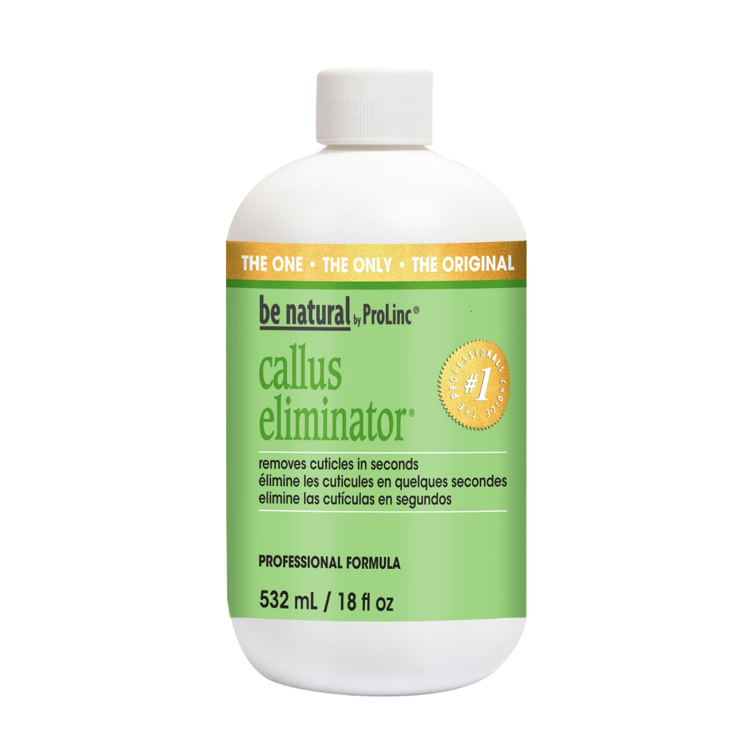 A white plastic bottle of be natural ProLinc Callus Eliminator professional formula, featuring a light green label with gold accents and a white cap, shown on a plain white background.