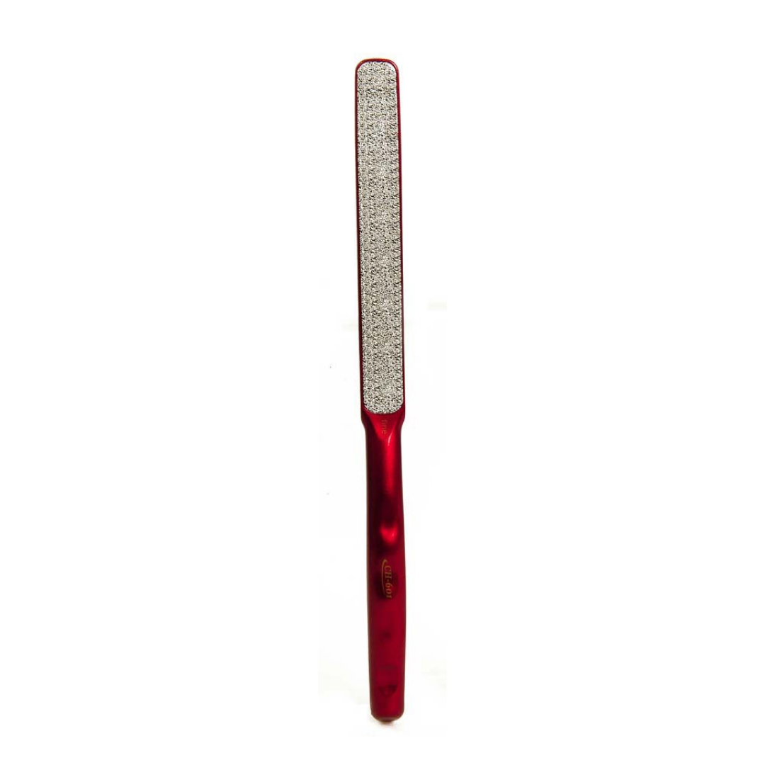 A red nail file with a textured silver abrasive surface, shown vertically against a plain white background.