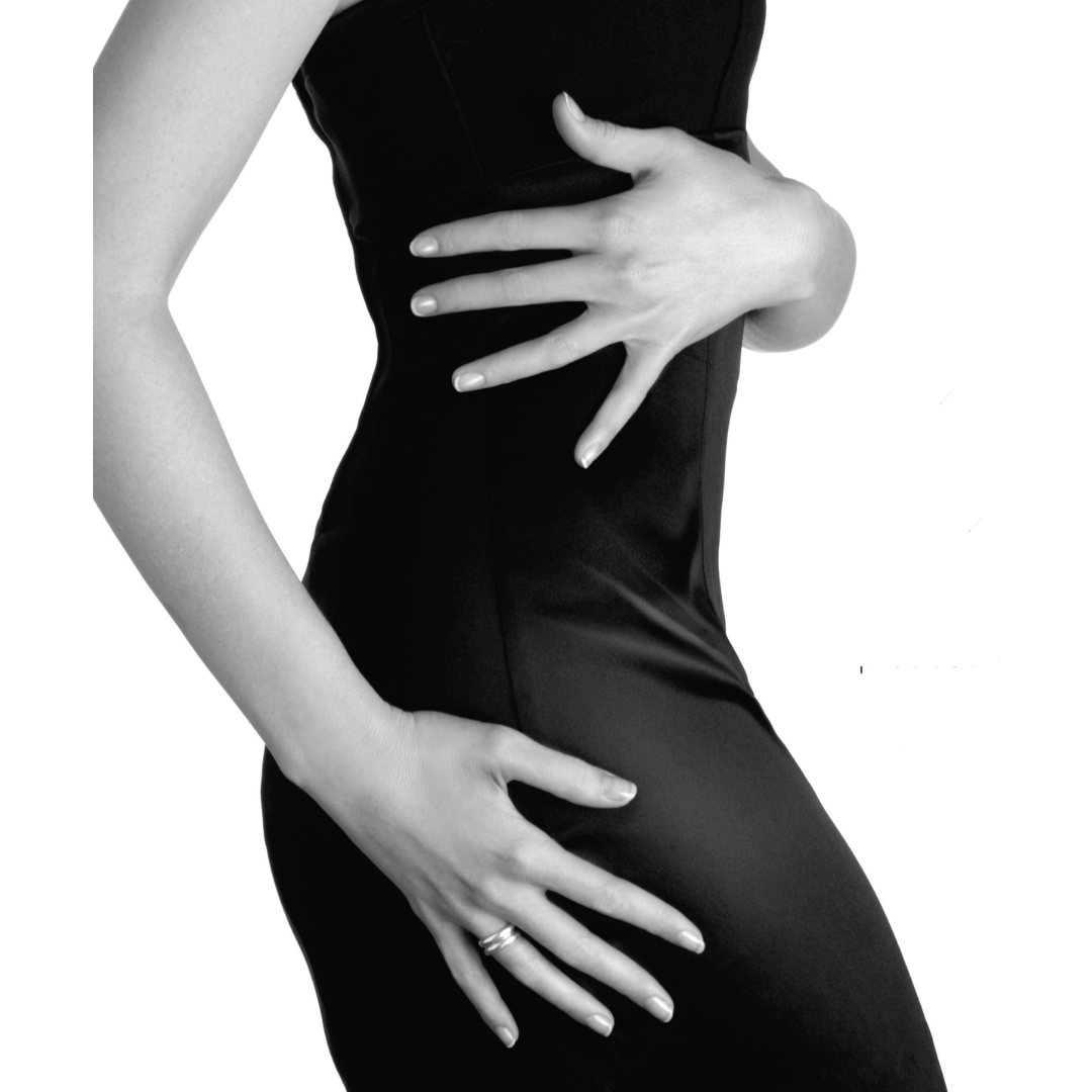 POSS Seche Vite Poster for Retail Marketing Purposes | A black satin-like bodycon dress shown on a model against a white background, with the model's hands resting on the hips and waist.