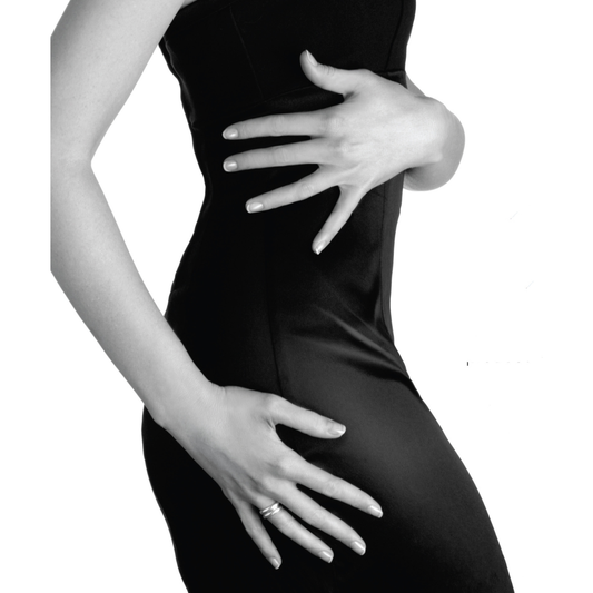POSS Seche Vite Poster for Retail Marketing Purposes | A black satin-like bodycon dress shown on a model against a white background, with the model's hands resting on the hips and waist.