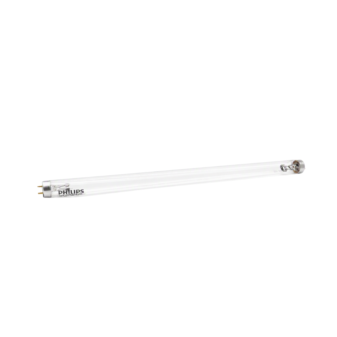 A Philips brand clear glass 15W sterilizer fluorescent light tube with silver metal end caps, shown diagonally on a solid background.