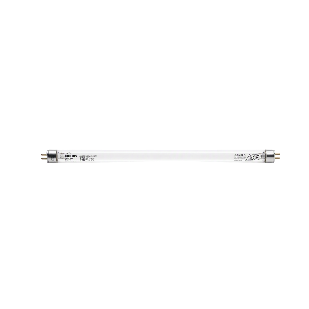 A long, horizontal clear glass 6w sterilizer fluorescent light tube with silver metal end caps and printed specifications, shown against a solid white background.