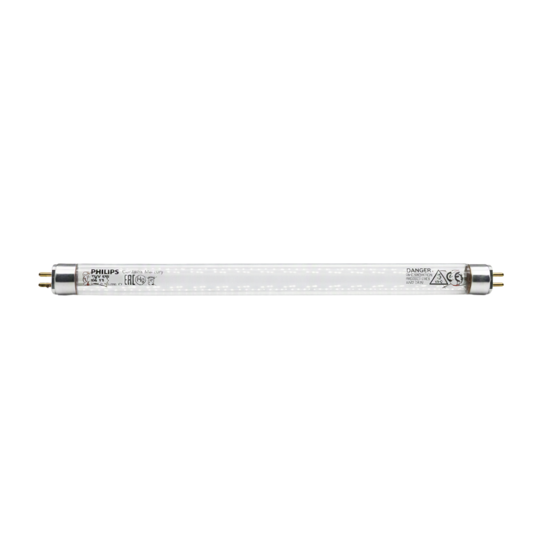 A Philips 8w sterilizer light tube with a clear glass body, silver metal end caps, and printed specifications on a plain white background.
