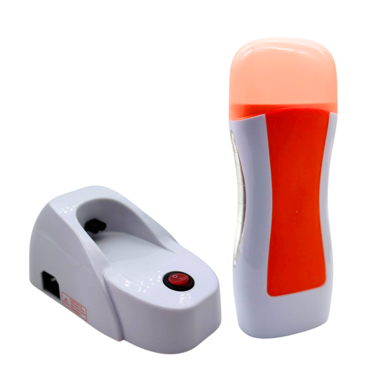 Q007 Single Wax Roller Warmer Heater with Base | A white and orange single wax cartridge roller heater with a translucent purple cap, shown alongside its matching white charging base with a red power button, on a white background.