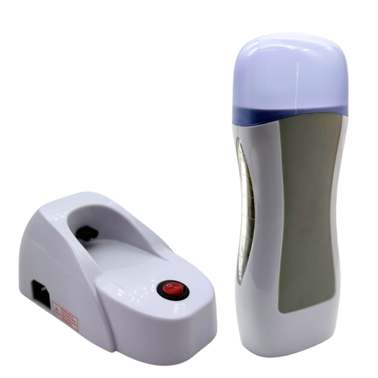Q007 Single Wax Roller Warmer Heater with Base | A white and gray single wax cartridge roller heater with a translucent purple cap, shown alongside its matching white charging base with a red power button, on a white background.