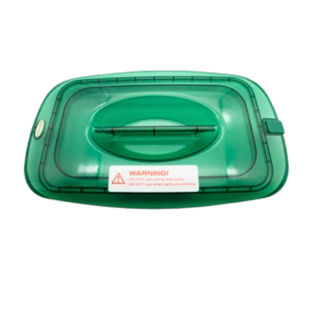 A translucent green plastic paraffin bath lid with a warning label on the front, shown against a plain white background.