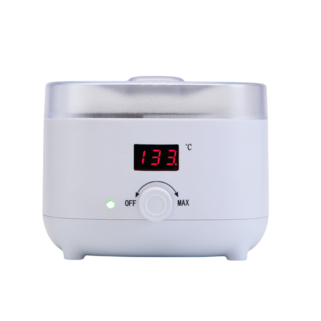 White 500g wax warmer with white lid, digital display and variable temperature dial. 